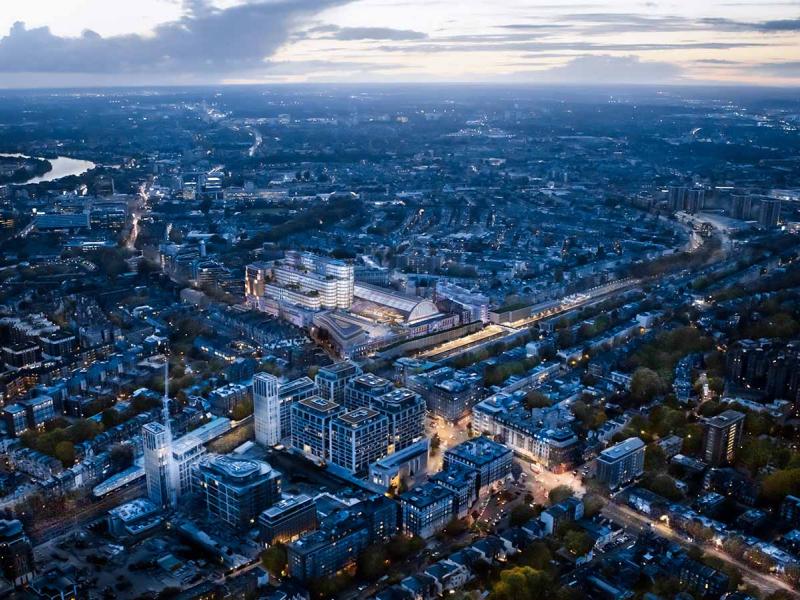 Olympia redevelopment ariel view at night