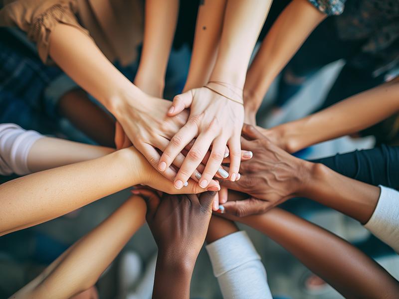 A group of people stacking their hands together in a symbol of unity and teamwork.