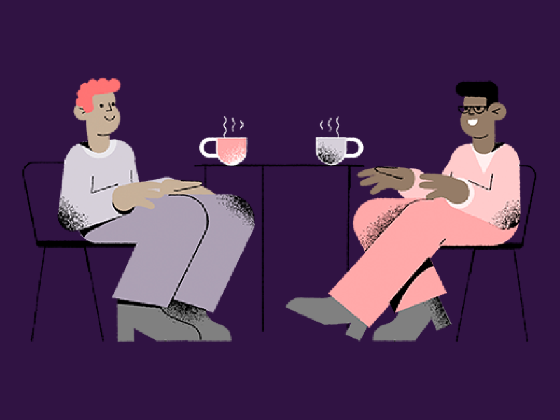 Graphic of two people sitting down and drinking.