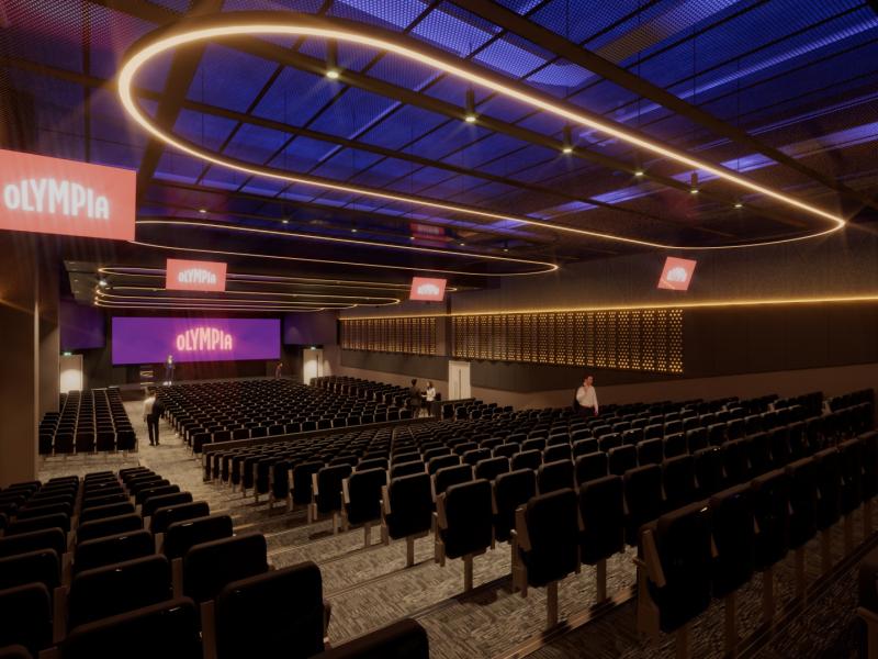The ICC at Olympia auditorium with tiered seating and stage