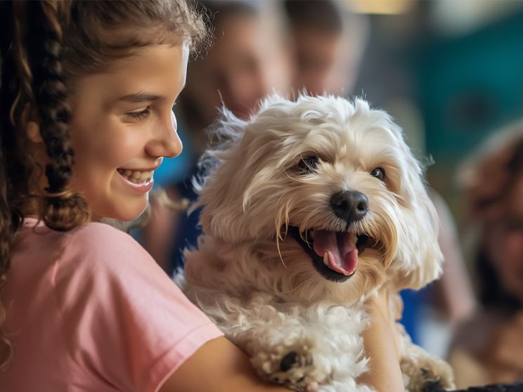  A girl gently holds a dog in a cage, surrounded by other people.