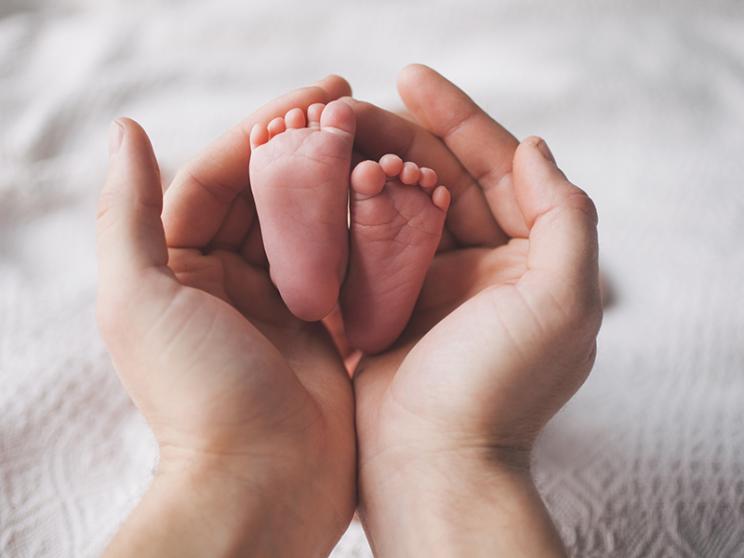 A pair of hands gently cradling a baby's tiny feet, symbolizing care and tenderness.