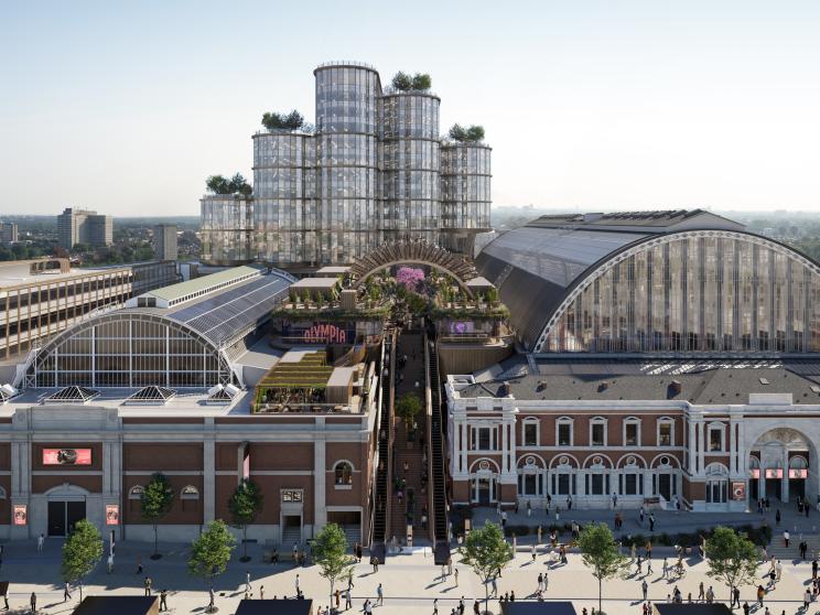 Aerial shot looking at Olympia from Kensington Olympia Station
