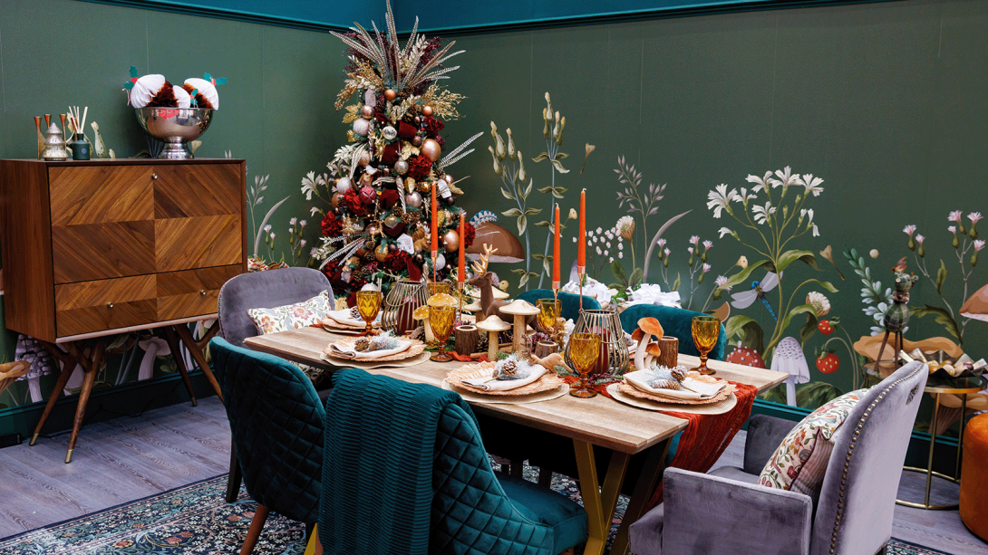 A Christmas themed dining room.