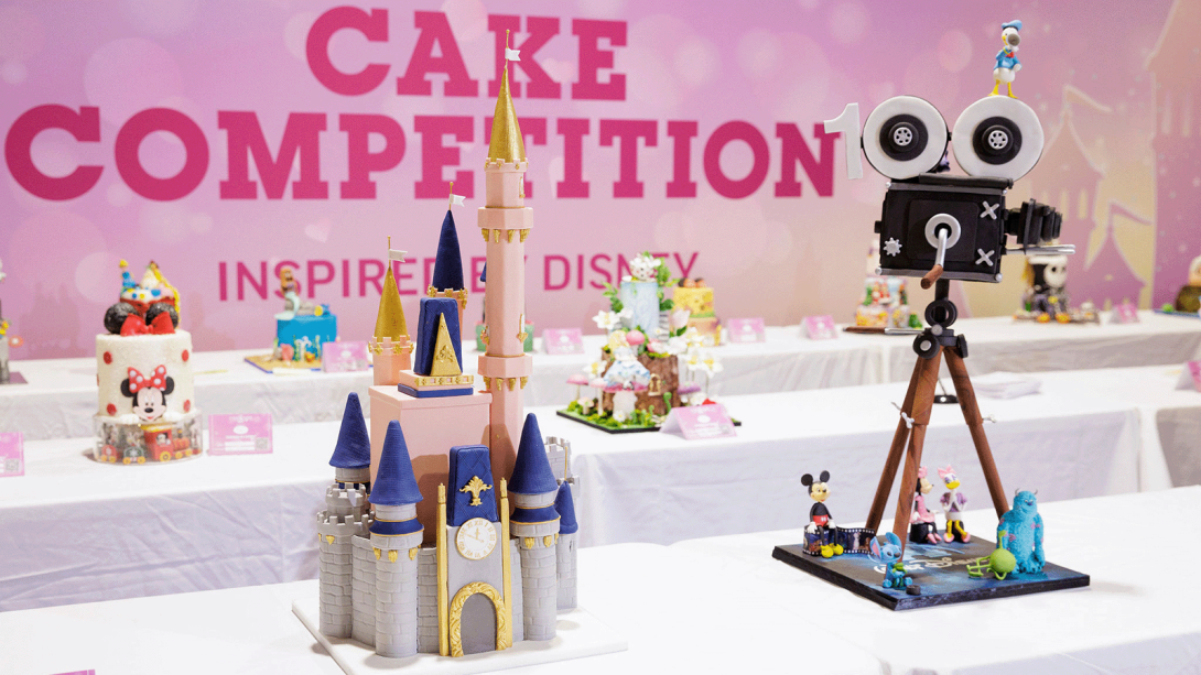 A display of decorative cakes.