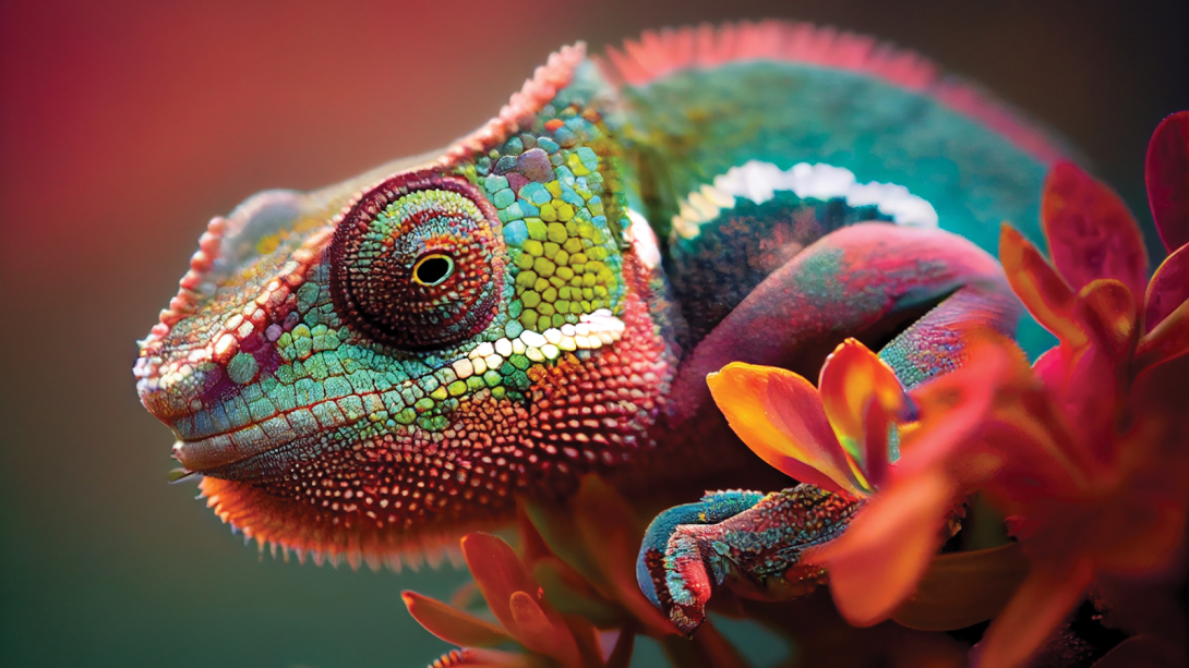 A rainbow coloured chameleon sits perched on a branch.