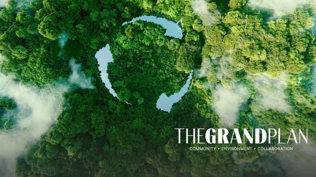 The Grand Plan logo set against a lush green backdrop.