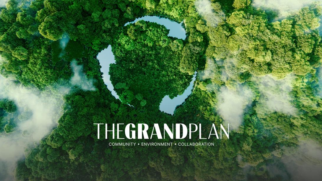 The Grand Plan logo set against a lush green backdrop.