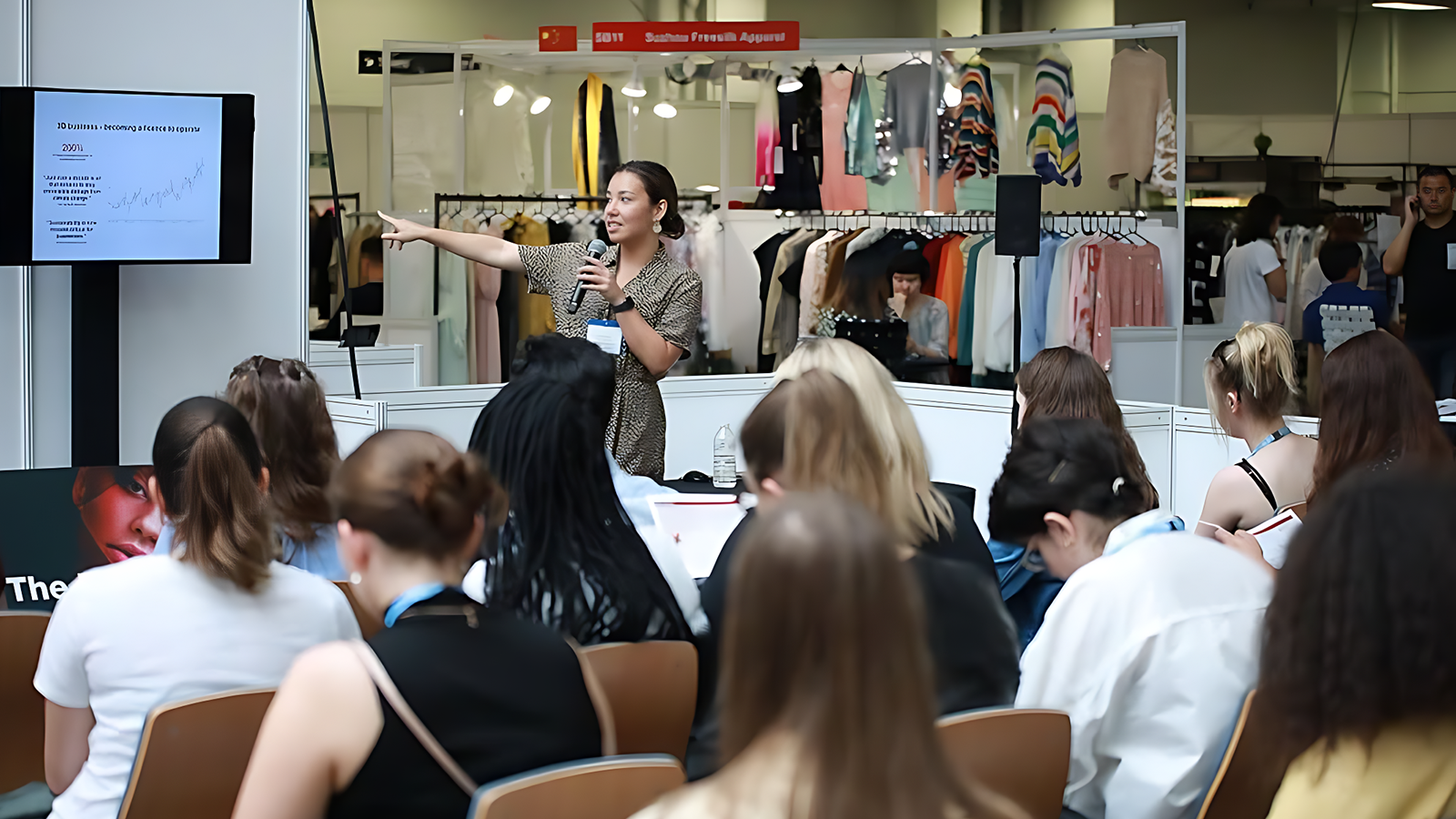 A woman presenting at a talk at Fashion SVP
